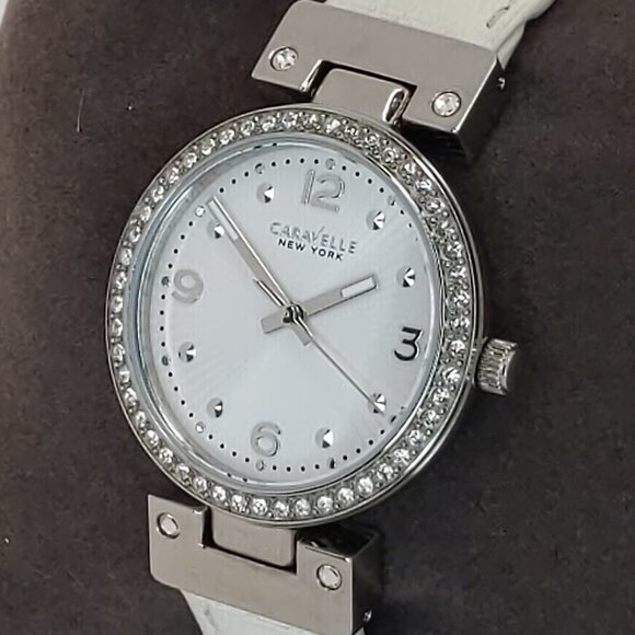 Caravelle Ladies Dress Watch By Bulova Crystal Bezel Reversible Strap 32mm - Picture 11 of 15